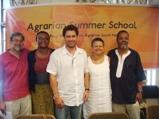 (left to right) Praveen Jha (India), Dzodzi Tsikata (Ghana); Paris Yeros (Brazil); CAS Director Merle Bowen; and Sam Moyo (Zimbabwe) at the African Institute for Agrarian Studies, Harare, Zimbabwe, January 2014